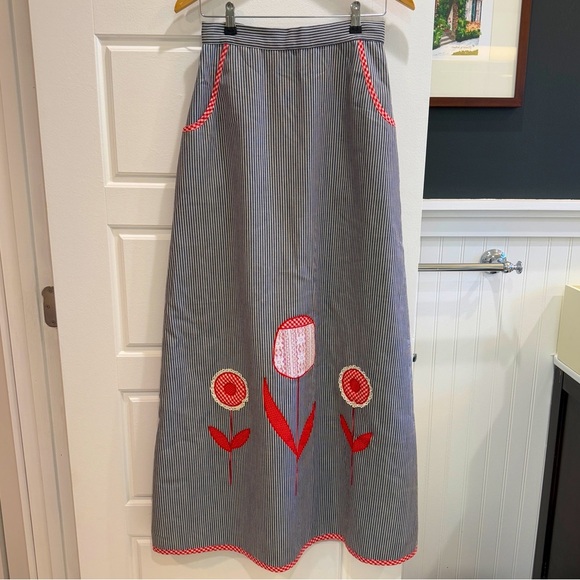 Spectator II 1970s Striped Denim Wrap Maxi Skirt with Floral Appliqués - Picture 1 of 13